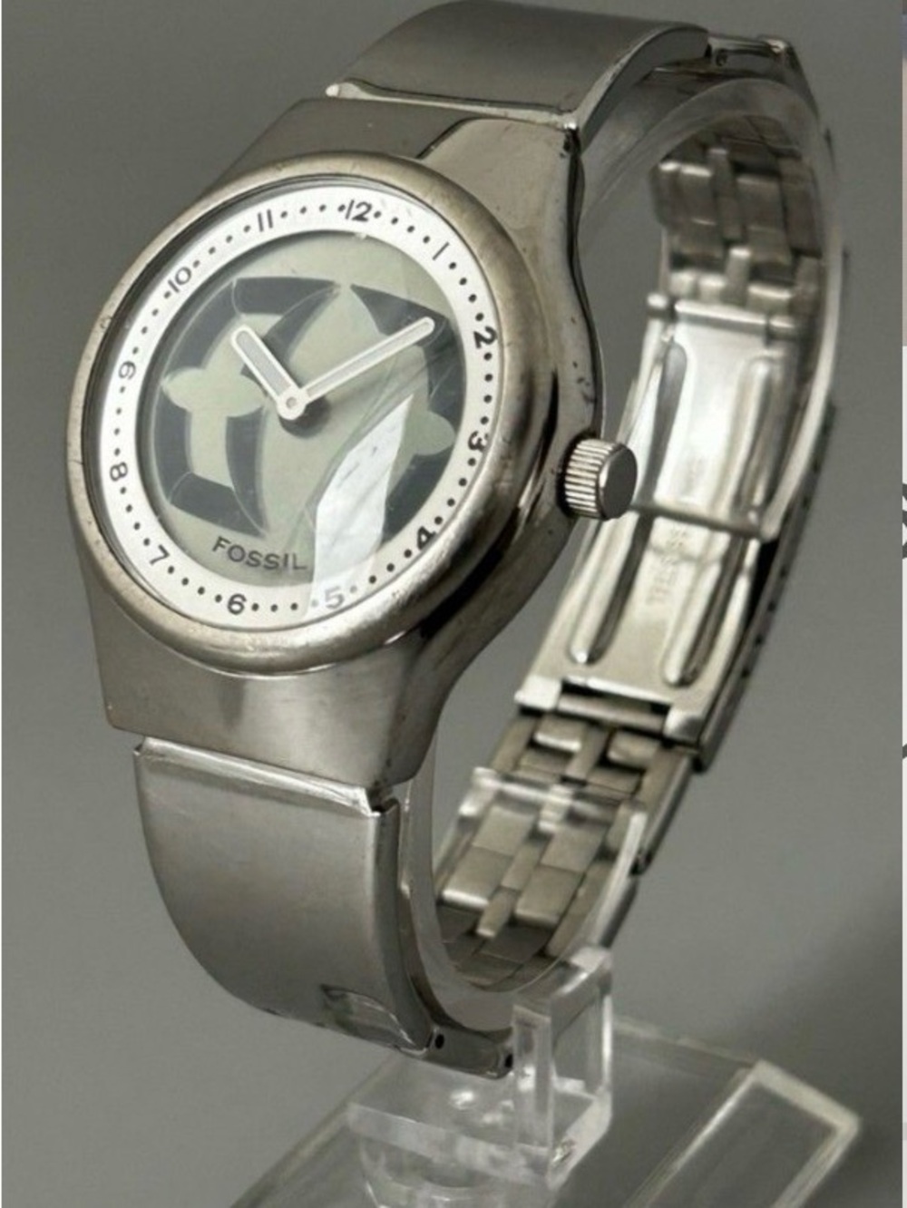 Fossil Silver Tone Stainless Steel Bracelet Watch with Graphic Dial